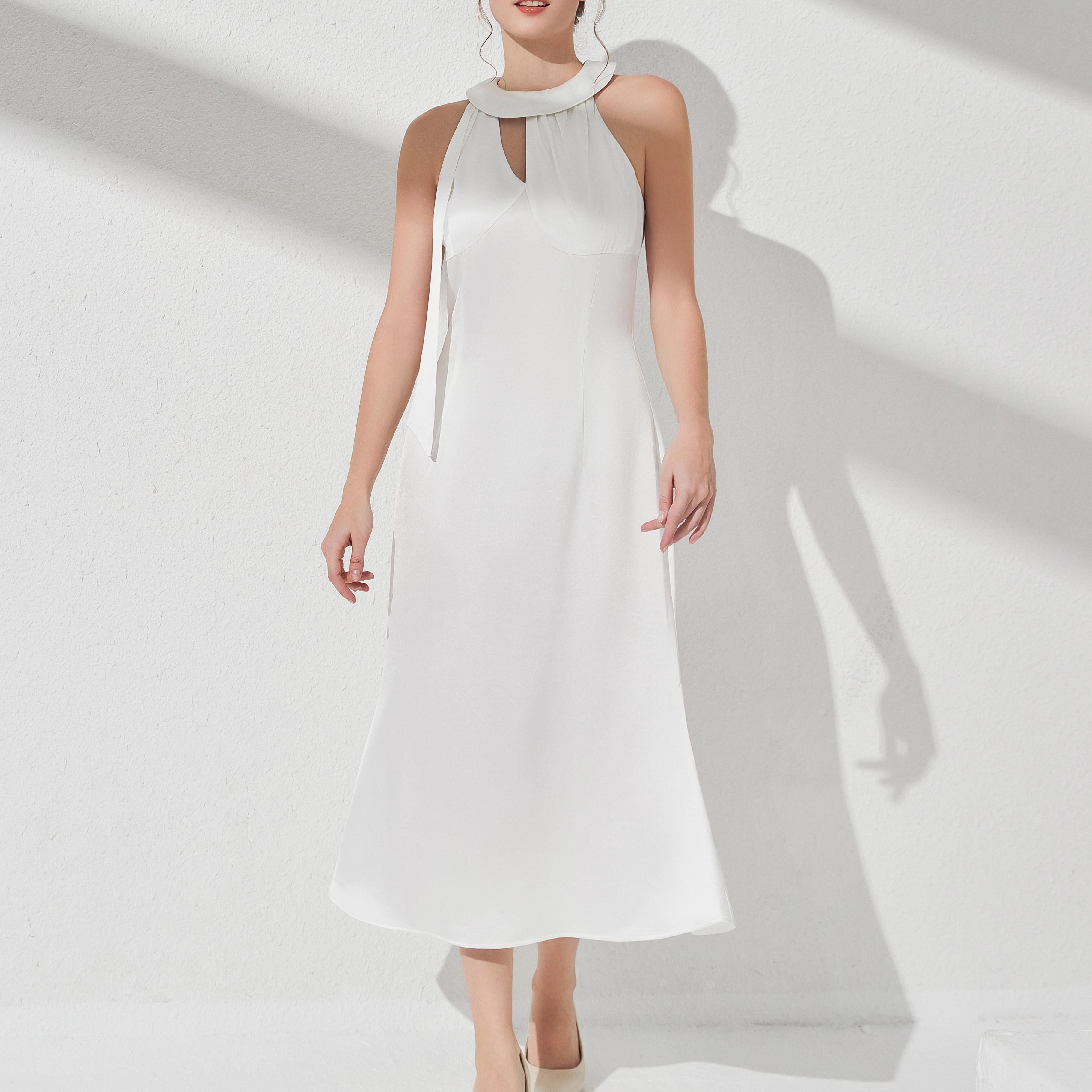 White Sleeveless Acetate Evening Dress - Slim Fit with High Slit | Customizable Luxury for Boutique Wholesale (NO MOQ)